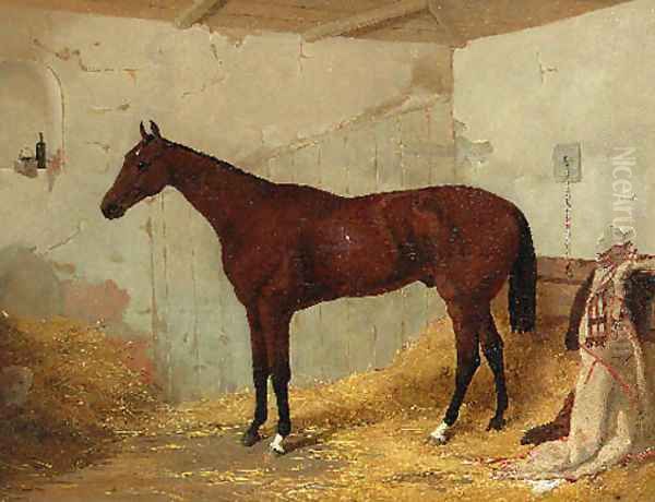 A Bay Racehorse in a Stable Oil Painting by Harry Hall