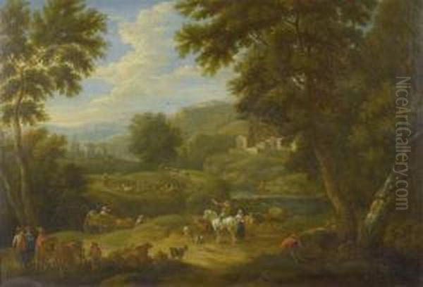 Wooded Landscape With Peasants And Theircattle. Oil Painting by Peeter Bout