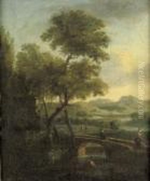 A River Landscape With Figures On A Bridge Oil Painting by Peeter Bout