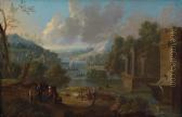 Adriaen Frans Boudewijns 
Attribuito; Coppia Di Paesaggi Fluviali Del Sud Con Rovine Romane Oil Painting by Peeter Bout