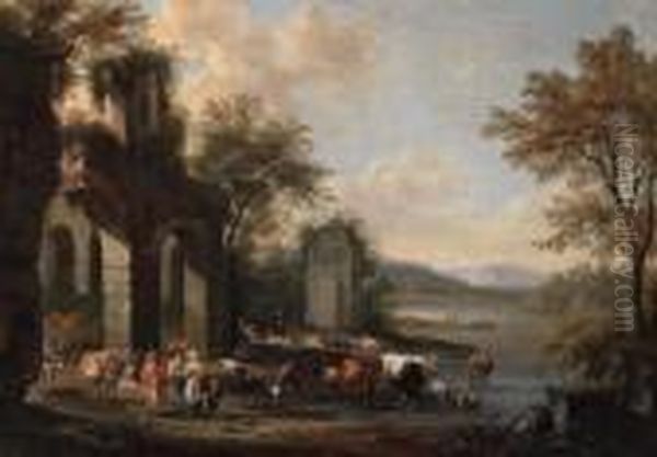 Pastori Con Le Loro Greggi Di Fronte A Rovine Romane Oil Painting by Peeter Bout