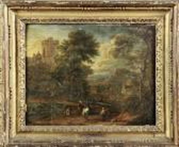 Personnages Et Cavaliers Dans Un Paysage Au Chateau Fortifie Oil Painting by Peeter Bout