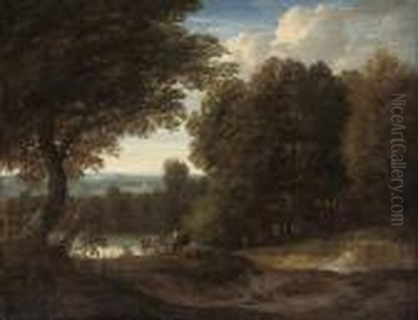 A Wooded Landscape With Herdsman And Their Cattle Oil Painting by Peeter Bout