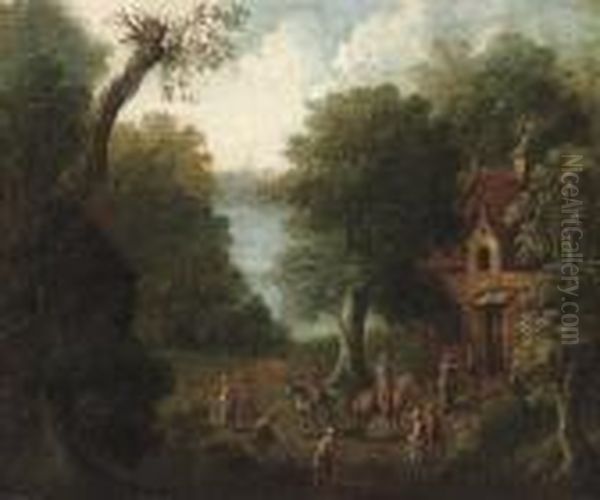 A Wooded River Landscape With Figures By A Cottage Oil Painting by Peeter Bout