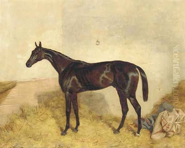 A dark bay racehorse in a loosebox Oil Painting by Harry Hall