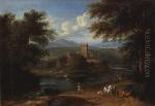 A River Landscape With Figures, 
Horses And Dogs On A Path In The Foreground With A Fortified Town Beyond Oil Painting by Peeter Bout