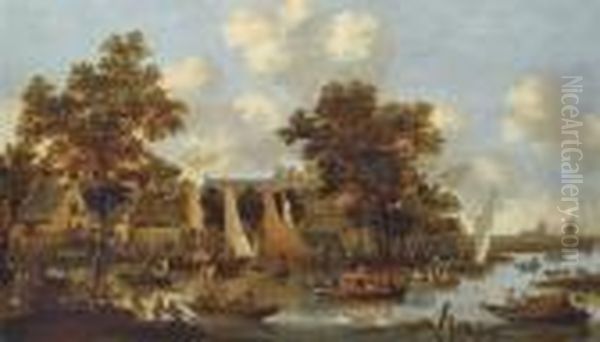 A View Of The 'zwaenhals' Near Rotterdam With Numerous Figures In Boats And On Foot Oil Painting by Peeter Bout