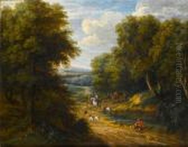 A Wooded Landscape With Elegant Figures Onhorseback And Their Hounds On A County Path Oil Painting by Peeter Bout