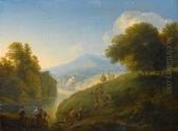 An Extensive Landscape With Drovers On Ariverside Path Oil Painting by Peeter Bout