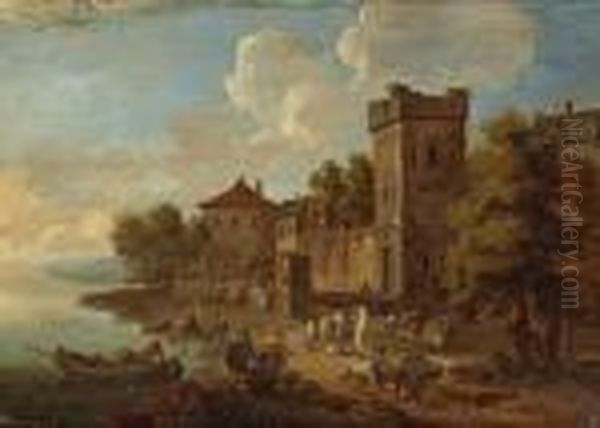 An Extensive Landscape With 
Numerous Figuresgathered Outside Buildings; Also A Companion River 
Landscape (apair) Oil Painting by Peeter Bout