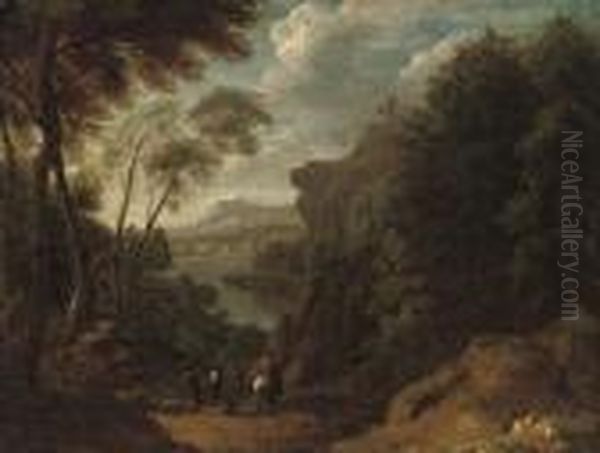 An Extensive Wooded Landscape With Travellers On A Path, A Castle Beyond Oil Painting by Peeter Bout