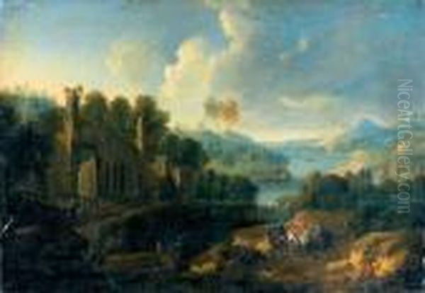 Cavaliers Dans Un Paysage De Ruines Oil Painting by Peeter Bout