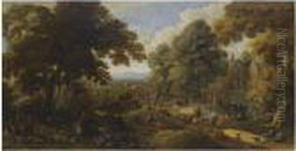 Landscape With Travellers Passing Through A Village Oil Painting by Peeter Bout