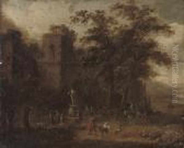 A Wooded Landscape With Shepherds Conversing By A Fountain, Classical Ruins Beyond Oil Painting by Peeter Bout