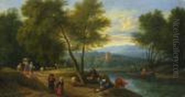 Flusslandschaft Mit Tieren Und Personenstaffage Oil Painting by Peeter Bout