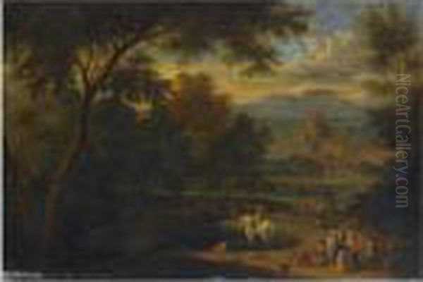 An Italianate Landscape With A Horseman And Travellers Conversing On A Path Oil Painting by Peeter Bout