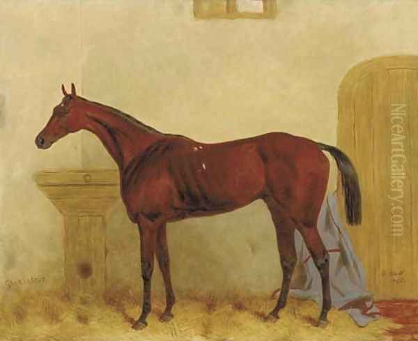 Gladiateur a Bay racehorse in a stable Oil Painting by Harry Hall