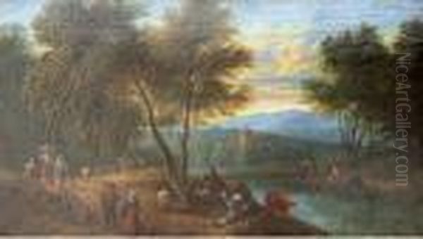 Promeneurs Et Bergers Pres De La Riviere Oil Painting by Peeter Bout