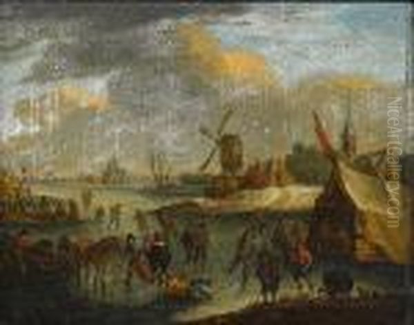 A Winter Landscape With Figures Skating On A Frozen River Oil Painting by Peeter Bout