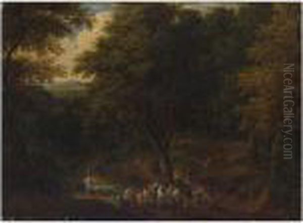 A Wooded Landscape With Figures On A Path, Shepherds With Their Herd Beyond Oil Painting by Peeter Bout