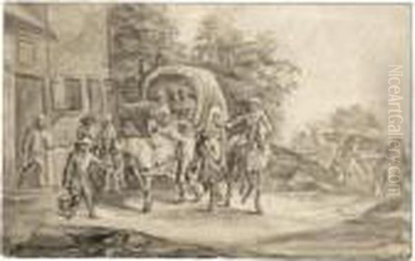 Recto
: A Horse And Cart And Other Travellers, Stopping To Rest By An Inn;
Verso
: Study Of A Family With A Small Child Learning To Walk Oil Painting by Peeter Bout