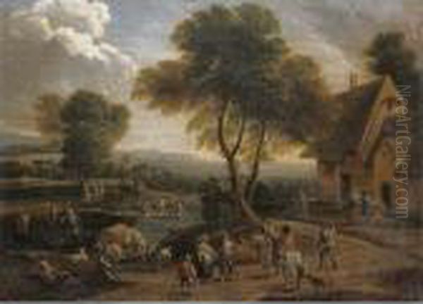 A River Landscape With Figures And Cavaliers In The Forground Before A Cottage Oil Painting by Peeter Bout