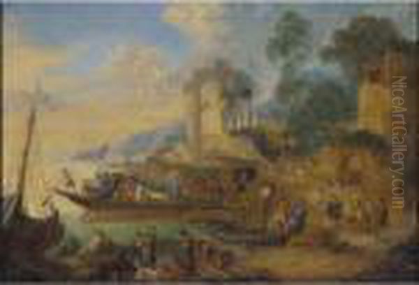 A River Landscape With Fishermen
 Landing Their Catch And Travellers On A Road Before A Classical Ruin Oil Painting by Peeter Bout