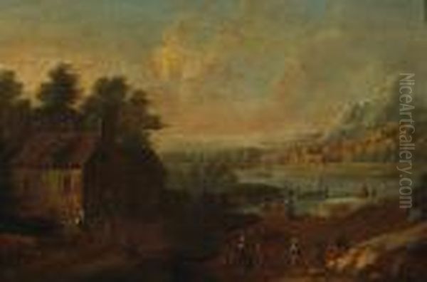 An Extensive River Landscape With Numerous Figures By A Farm In The Foreground Oil Painting by Peeter Bout