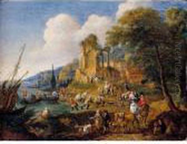 Fishermen Landing Their Catch, 
With Travellers On A Road Before A Classical Ruin And A Town Oil Painting by Peeter Bout