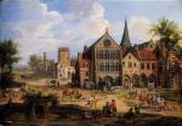 Crowded Town With Peasants Playing Skittles In Front Of A Church Oil Painting by Peeter Bout