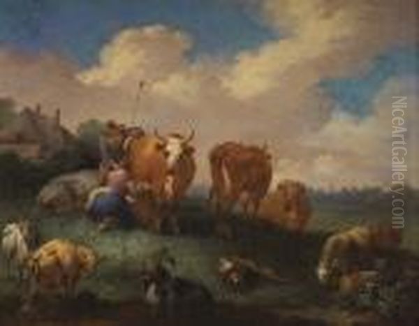 A Milkmaid With A Drover And Cattle In A Landscape Oil Painting by Peeter Bout