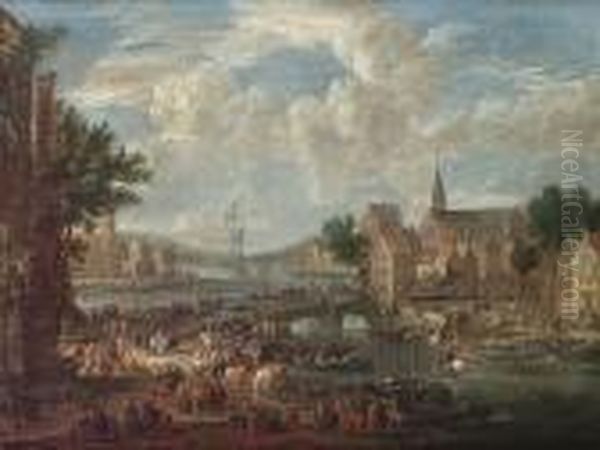 A Village On A River With Numerous Figures On The Bank, A Church Beyond Oil Painting by Peeter Bout