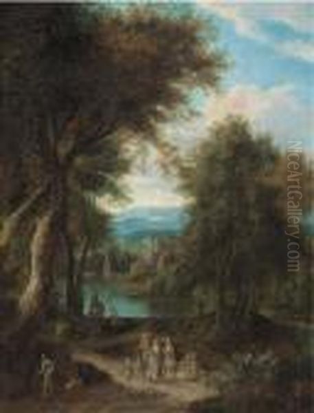 A Wooded River Landscape With Travellers On A Track Oil Painting by Peeter Bout