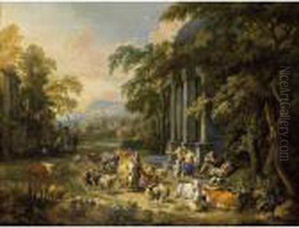 A Classical Wooded Landscape 
With Herdsmen Tending Their Cattle Near A Roman Temple, A City Beyond Oil Painting by Peeter Bout