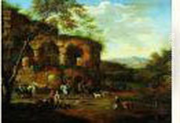 Ruines Antiques Animees De Cavaliers Et De Personnages Oil Painting by Peeter Bout