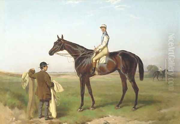 Fisherman with jockey up attended by a groom on a race course Oil Painting by Harry Hall