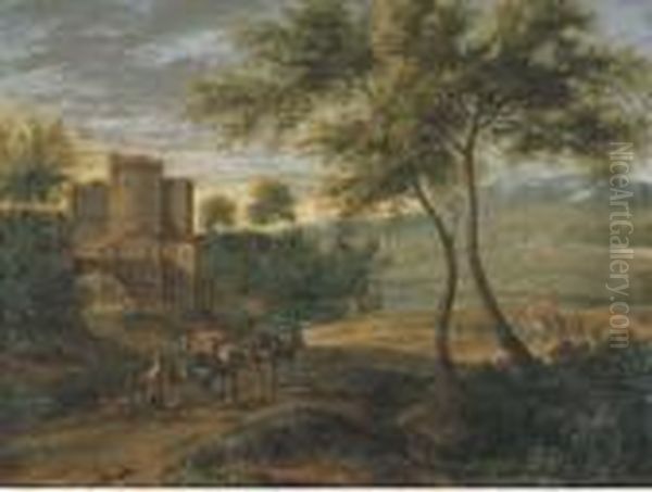 A Landscape With Travellers By The Gates Of A Castle Oil Painting by Peeter Bout