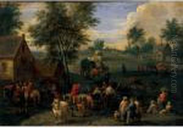 Landscape With Waggoners And Other Figures Gathered On The Outskirts Of A Village Oil Painting by Peeter Bout