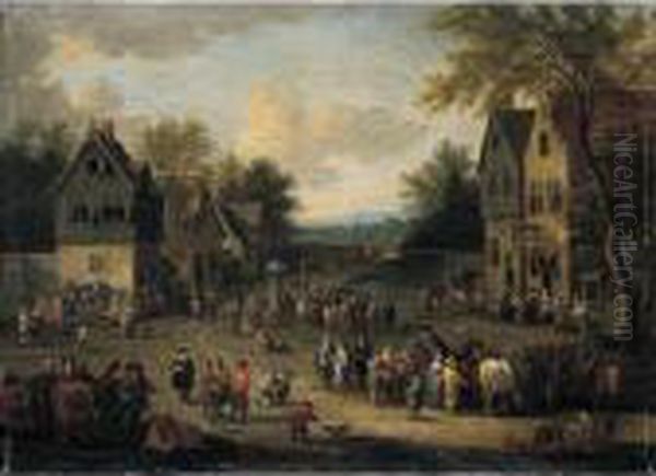 A Crowded Village Scene With Numerous Villagers And Animals Oil Painting by Peeter Bout