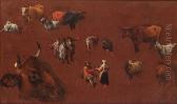 Studies Of Cattle And Figures Oil Painting by Peeter Bout