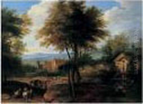 Paysans Sur Un Chemin Pres D'une Riviere Oil Painting by Peeter Bout