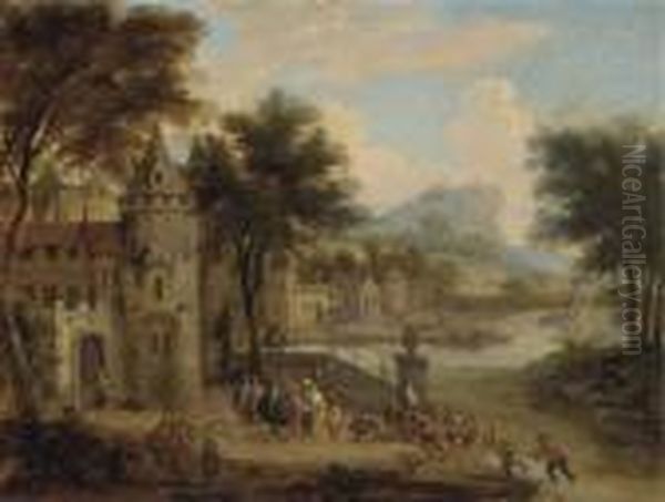 A River Landscape With A Fortified Town Oil Painting by Peeter Bout