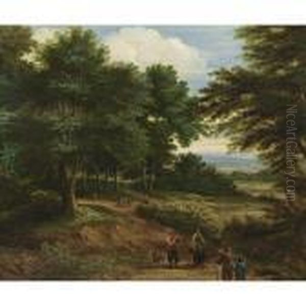 A Wooded Landscape With Travellers On A Path Oil Painting by Peeter Bout