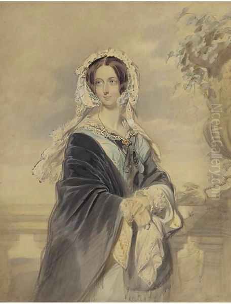 Portrait of Queen Victoria, three-quarter-length, standing on the terrace at Osborne House, carrying her son Alfred Ernest Albert Oil Painting by Edmund Havell Jnr.