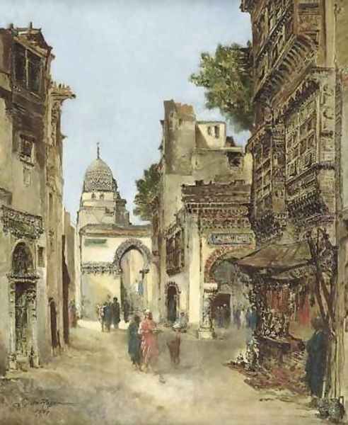 Busy Street in Cairo (Une rue du Caire en 1869) Oil Painting by Godefroy de Hagemann