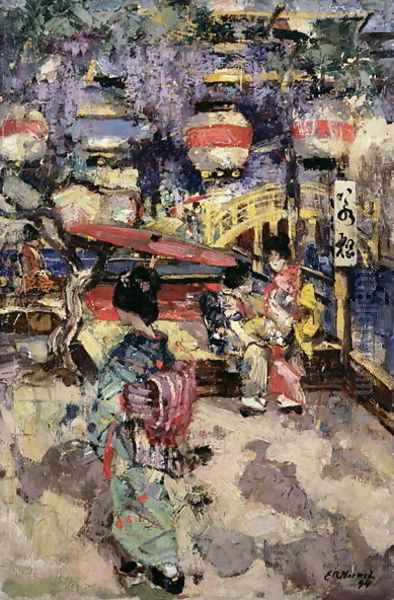 Japanese Street Scene with Lanterns and Bridge Oil Painting by Edward Atkinson Hornel