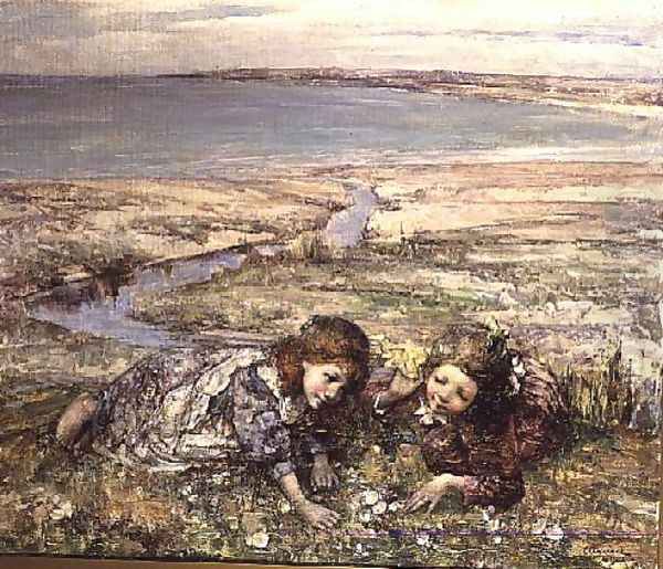 Two Girls on a Beach Oil Painting by Edward Atkinson Hornel