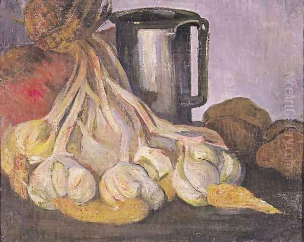 A Bunch of Garlic and a Pewter Tankard Oil Painting by Meyer Isaac de Haan