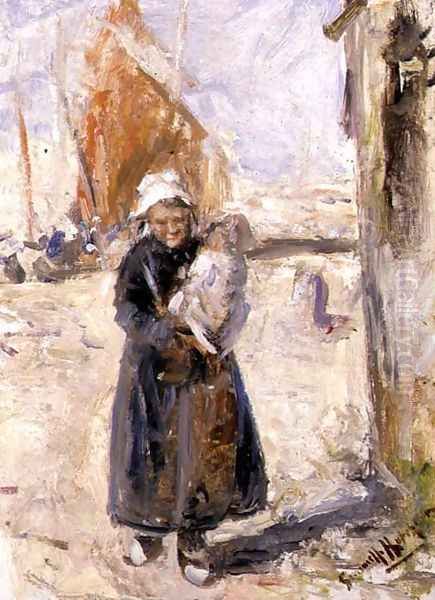 Mother and Baby on a Dutch Quay Oil Painting by Robert Gemmell Hutchison