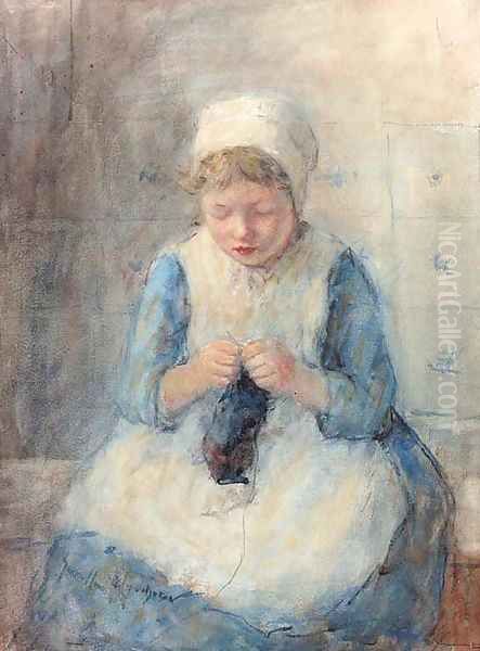 A girl knitting Oil Painting by Robert Gemmell Hutchison